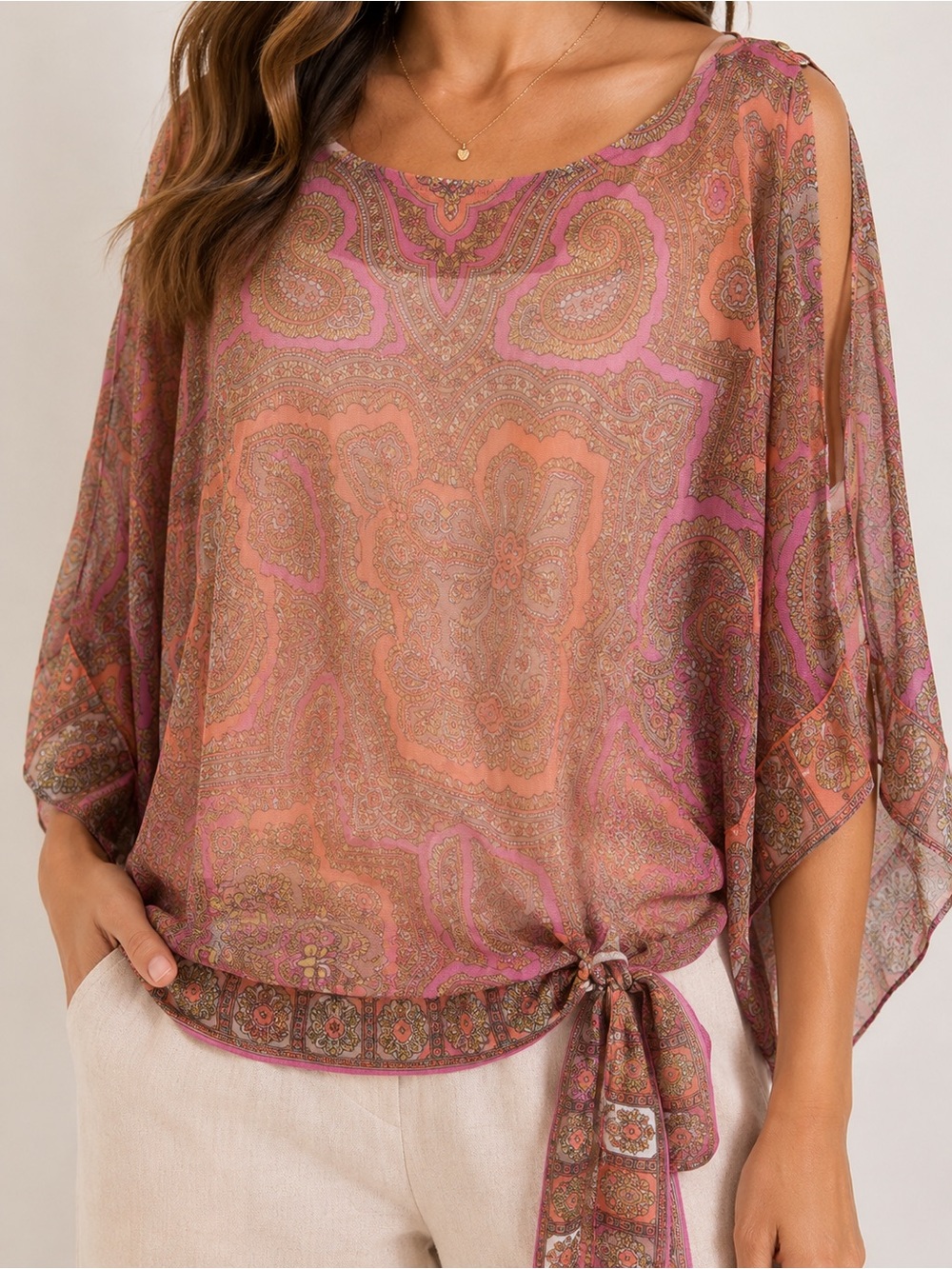 INC Paisley Mesh Batwing Tie Hem Sheer Blouse Top L Boho Stretch
